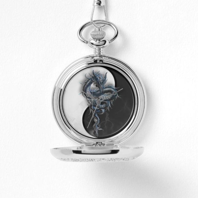 Yin Yang Chinese Dragon Silver Pocket Watch (Front)