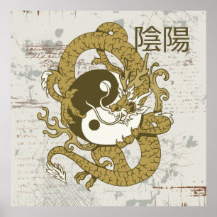 Yin yang Chinese symbol and dragon Poster