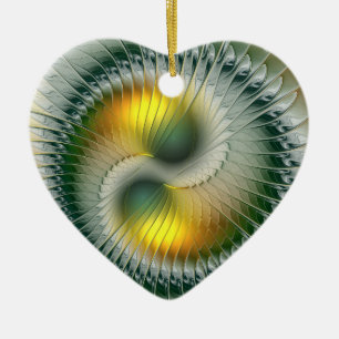 Yin Yang Christmas Colours Abstract Fractal Heart Ceramic Tree Decoration