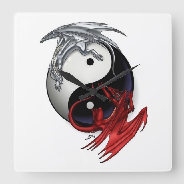 Yin Yang Clock: Fire and Ice Dragons Square Wall Clock (Front)