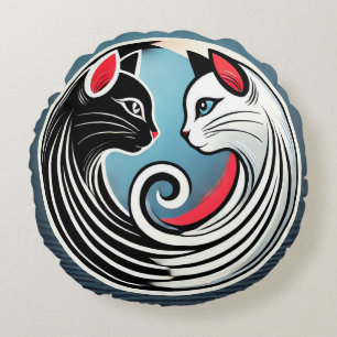 Yin Yang Design Featuring Black and White Cats Round Cushion