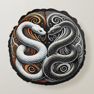 Yin Yang Design Featuring Two Snakes Round Cushion