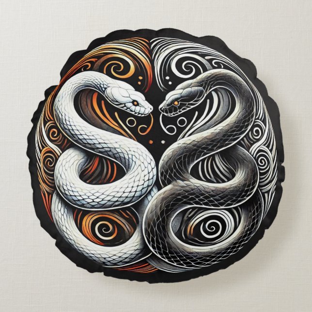 Yin Yang Design Featuring Two Snakes Round Cushion (Front)