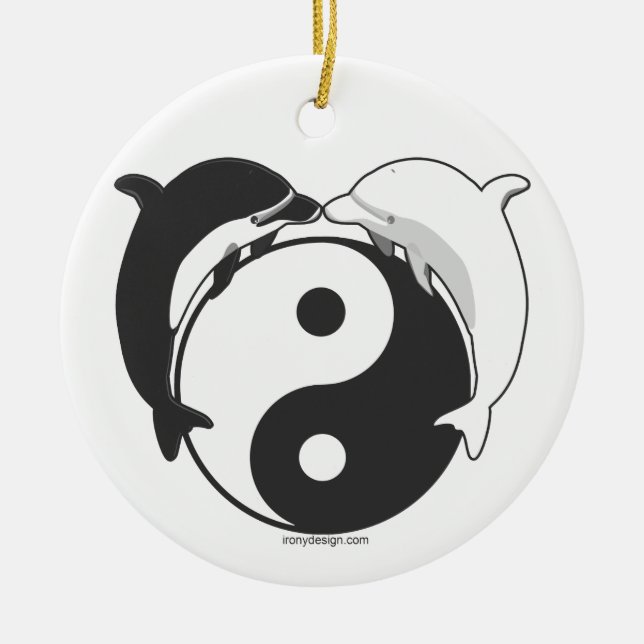 Yin Yang Dolphins Black/White Ceramic Tree Decoration (Front)