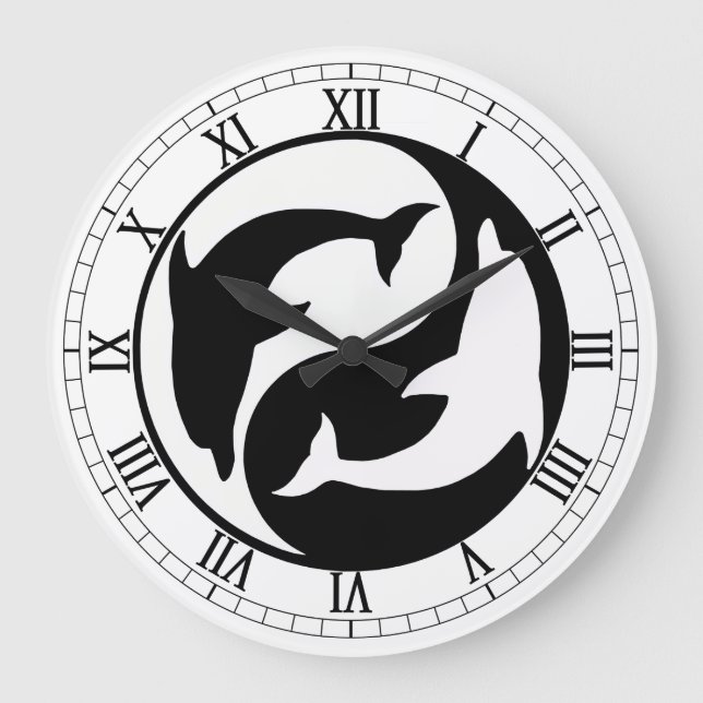 Yin Yang Dolphins Round Roman Numerals Clock (Front)