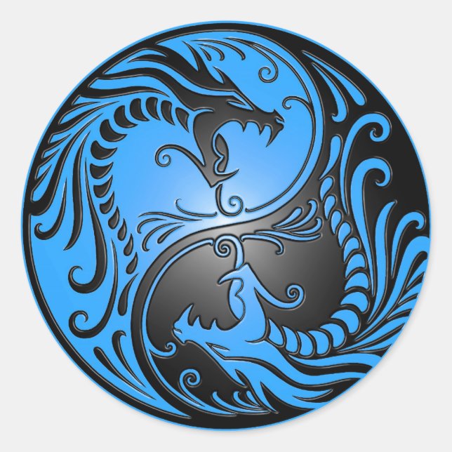 Yin Yang Dragons, blue and black Classic Round Sticker (Front)