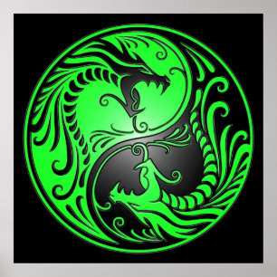 Yin Yang Dragons, green and black Poster