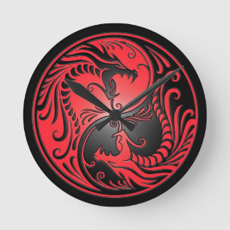 Yin Yang Dragons, red and black Round Clock