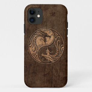 Yin Yang Dragons with Wood Grain Effect iPhone 11 Case
