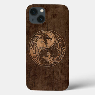 Yin Yang Dragons with Wood Grain Effect iPhone 13 Case