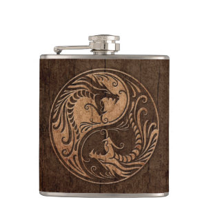 Yin Yang Dragons with Wood Grain Effect Hip Flask