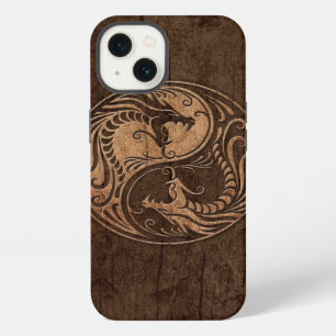 Yin Yang Dragons with Wood Grain Effect iPhone 13 Case