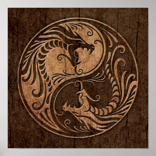 Yin Yang Dragons with Wood Grain Effect Poster (Front)