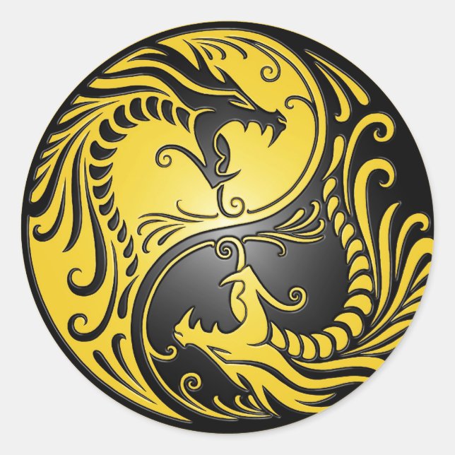 Yin Yang Dragons, yellow and black Classic Round Sticker (Front)