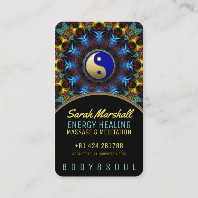 Yin Yang Energy Healing Royal Blue Gold Business Card (Front)