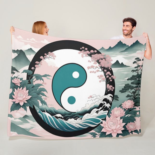 Yin Yang, Floral Mountain Pink Sage Teal Fleece Blanket (In Situ)