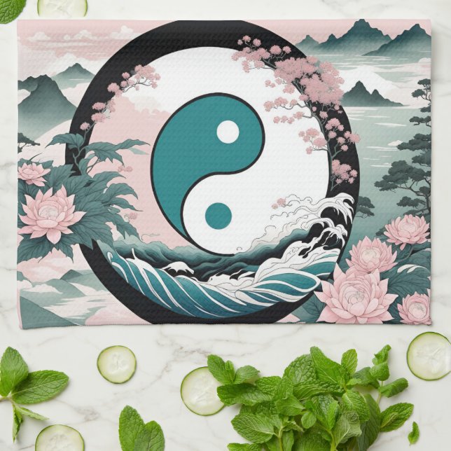 Yin Yang, Floral Mountain Pink Sage Teal Tea Towel (Folded)