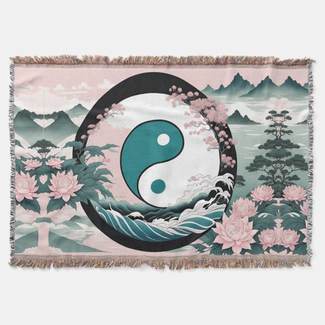 Yin Yang, Floral Mountain Pink Sage Teal Throw Blanket (Front)