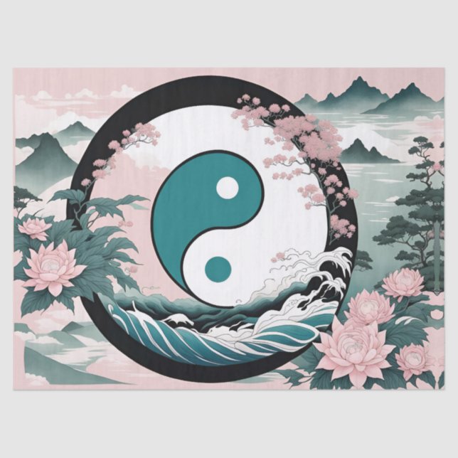 Yin Yang, Floral Mountain Pink Sage Teal Tissue Paper (Front)