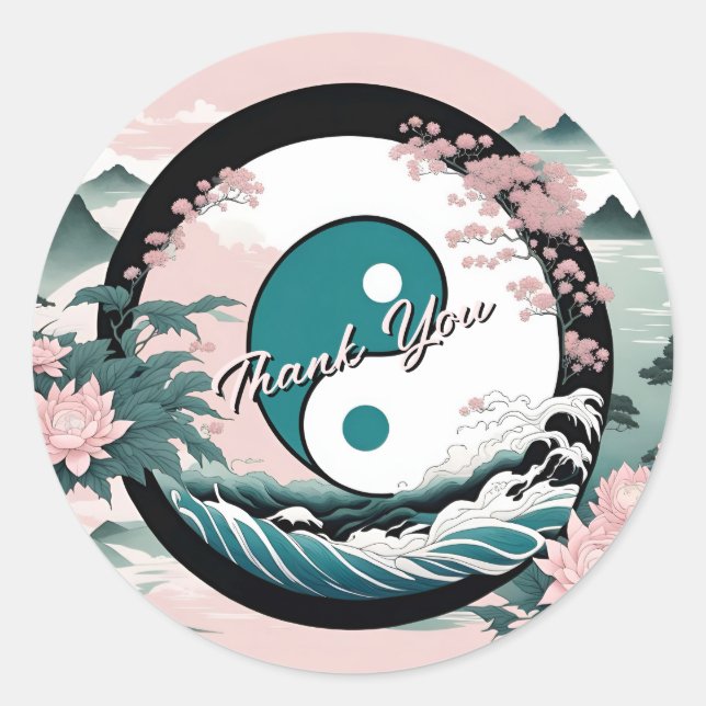Yin Yang, Floral Mountain Thank you Classic Round Sticker (Front)