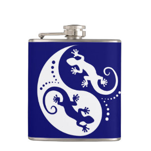 YIN & YANG Geckos white + your background & idea Hip Flask
