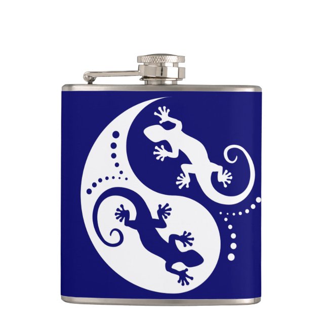 YIN & YANG Geckos white + your background & idea Hip Flask (Front)
