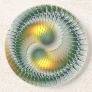 Yin Yang Green Yellow Abstract Colorful Fractal Coaster