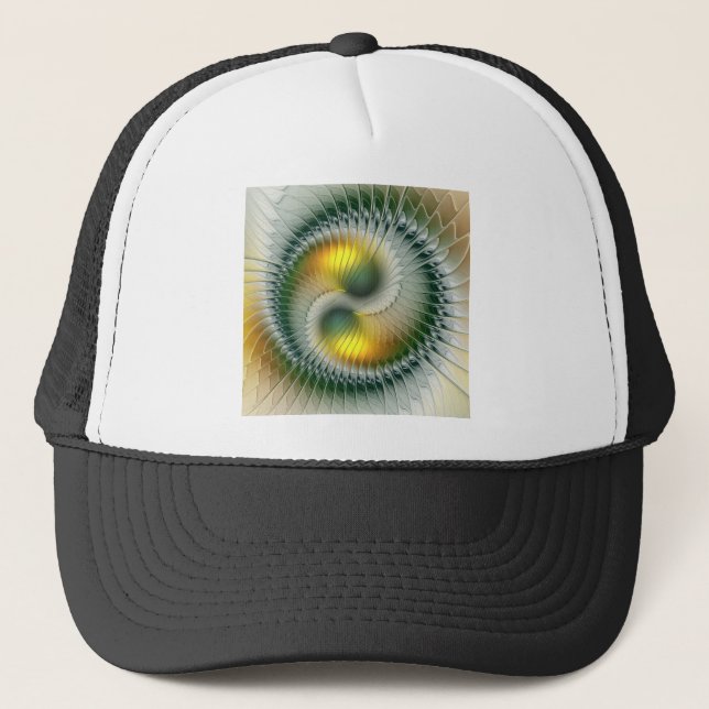 Yin Yang Green Yellow Abstract Colorful Fractal Trucker Hat (Front)