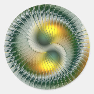 Yin Yang Green Yellow Abstract Colourful Fractal Classic Round Sticker
