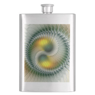 Yin Yang Green Yellow Abstract Colourful Fractal Hip Flask