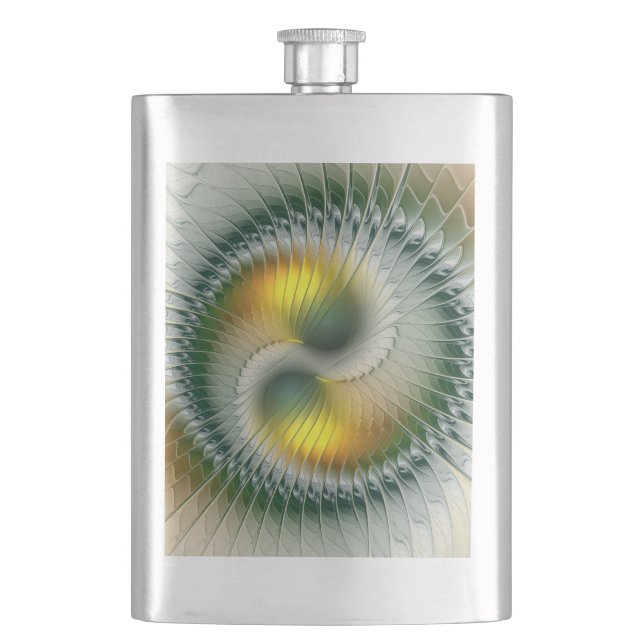 Yin Yang Green Yellow Abstract Colourful Fractal Hip Flask (Front)