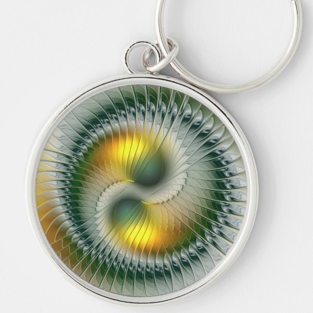Yin Yang Green Yellow Abstract Colourful Fractal Key Ring (Front)