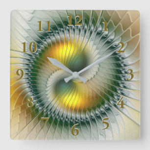 Yin Yang Green Yellow Abstract Colourful Fractal Square Wall Clock