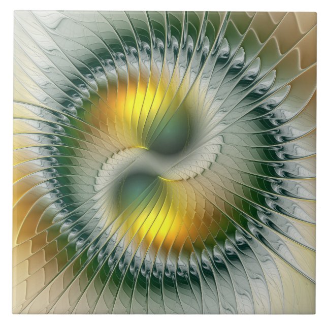 Yin Yang Green Yellow Abstract Colourful Fractal Tile (Front)