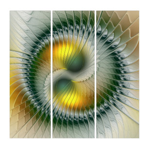 Yin Yang Green Yellow Abstract Colourful Fractal Triptych