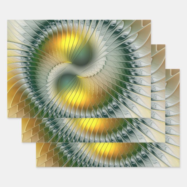 Yin Yang Green Yellow Abstract Colourful Fractal Wrapping Paper Sheet (Set)