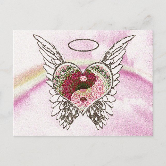 Yin Yang Heart Angel Wings Watercolor Postcard (Front)