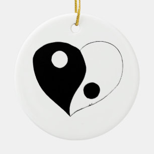 Yin Yang Heart (B/W) Ceramic Tree Decoration