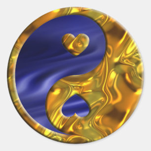 Yin & Yang / Hearts gold   blue waves Classic Round Sticker
