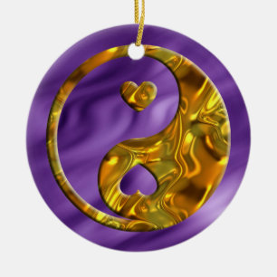 Yin & Yang / Hearts gold lila waves Ceramic Tree Decoration