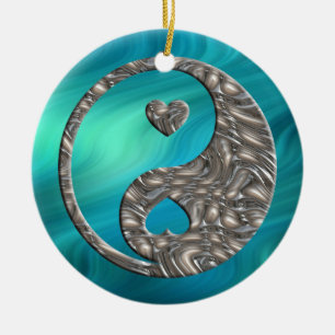 Yin & Yang / Hearts SILVER bluegreen waves Ceramic Tree Decoration