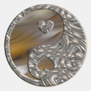 Yin & Yang / Hearts SILVER   dark yellow waves Classic Round Sticker