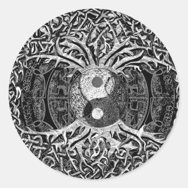 Yin Yang in Black and White w/ Tree of Life Classic Round Sticker (Front)