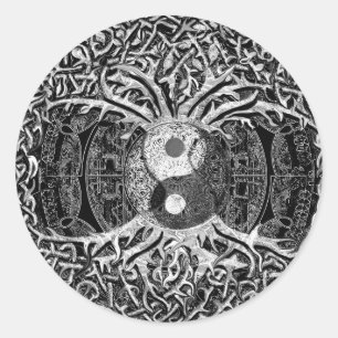 Yin Yang in Black and White w/ Tree of Life Classic Round Sticker