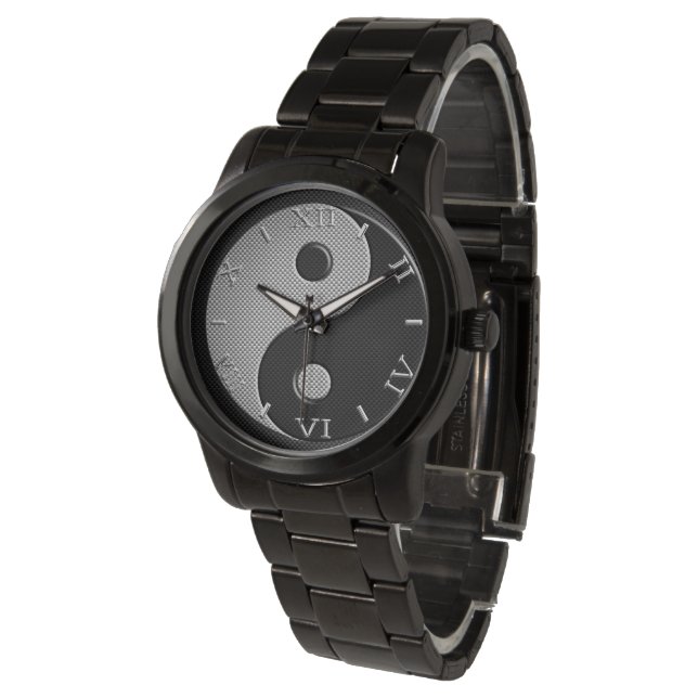 Yin Yang in Charcoal Carbon Fibre Style Dial Watch (Angled)
