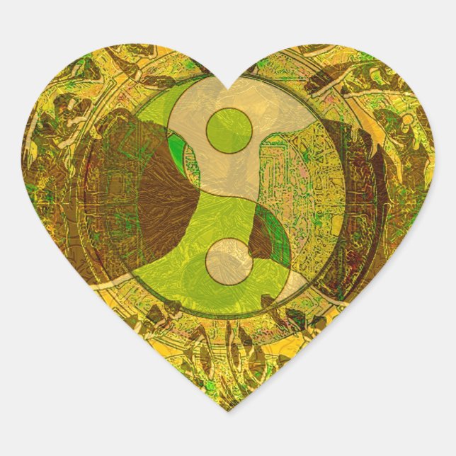 Yin Yang in Golden Colours Heart Sticker (Front)