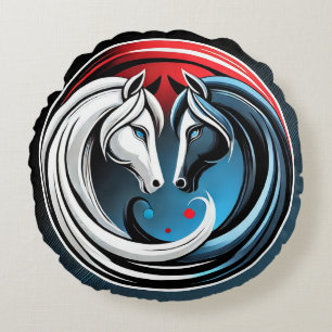 Yin-Yang Inspired Abstract Horse Design Round Cushion