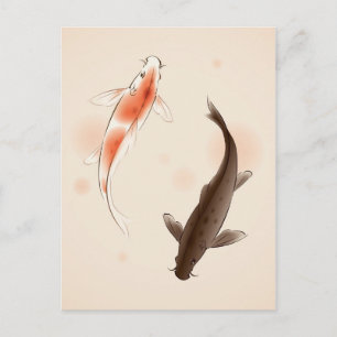 Yin Yang Koi fishes in oriental style painting Postcard