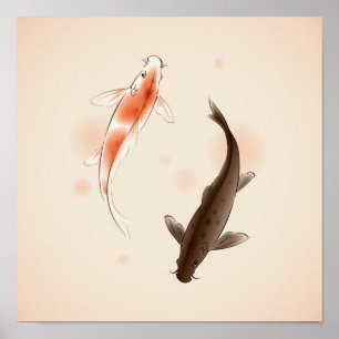 Yin Yang Koi fishes in oriental style painting Poster