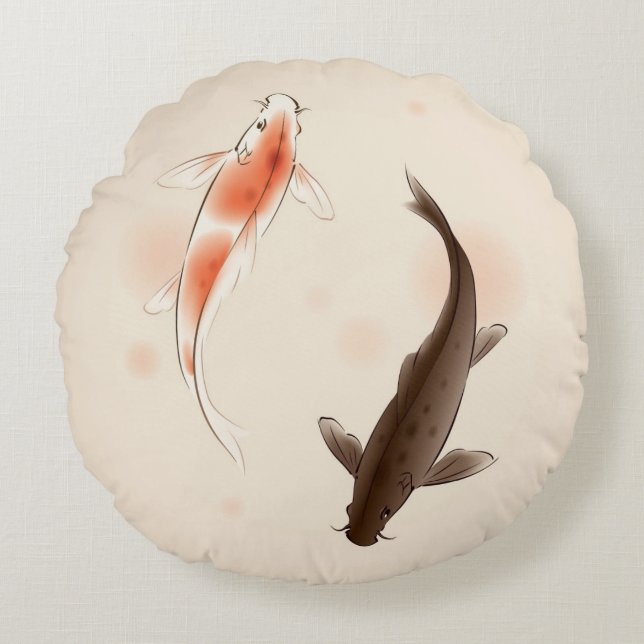 Yin Yang Koi fishes in oriental style painting Round Cushion (Front)